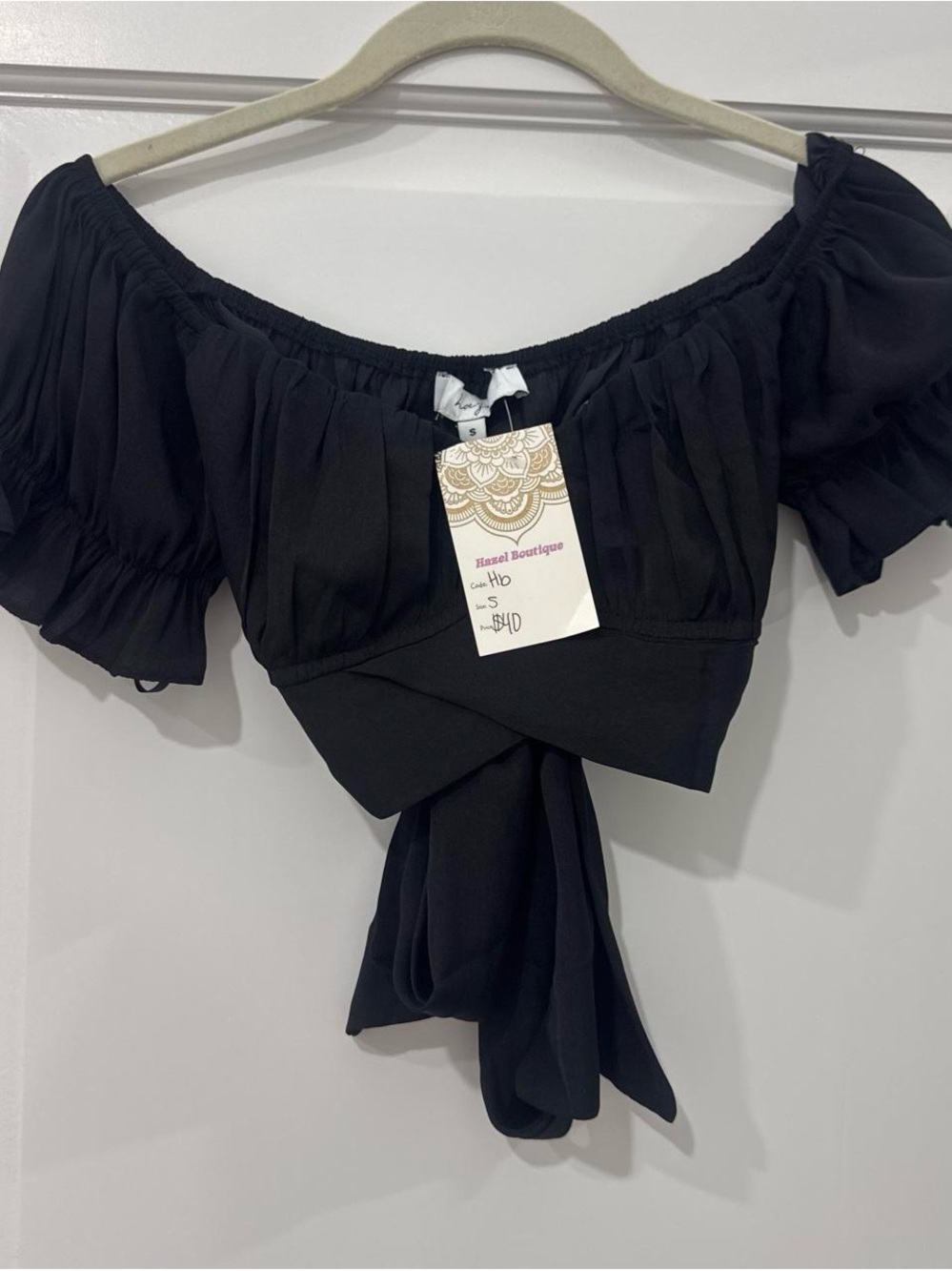 Black Off-Shoulder Tie-Front Crop Top